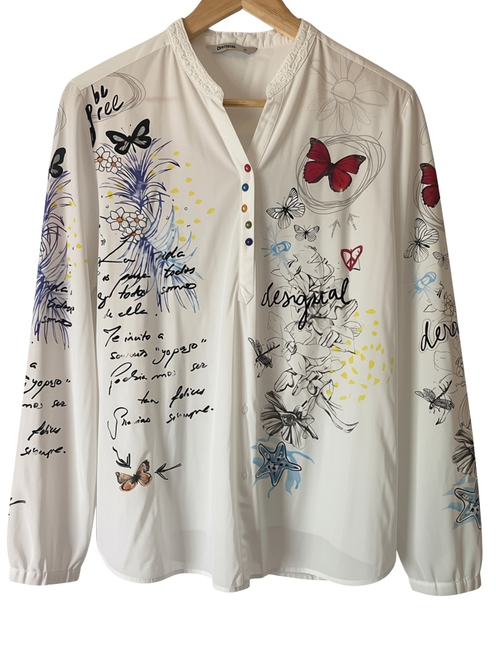 Desigual Cream Button-Down Blouse with Multicolor Butterfly & Floral Print